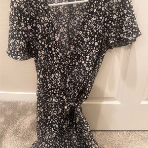 Floral Black and White Wrap Dress